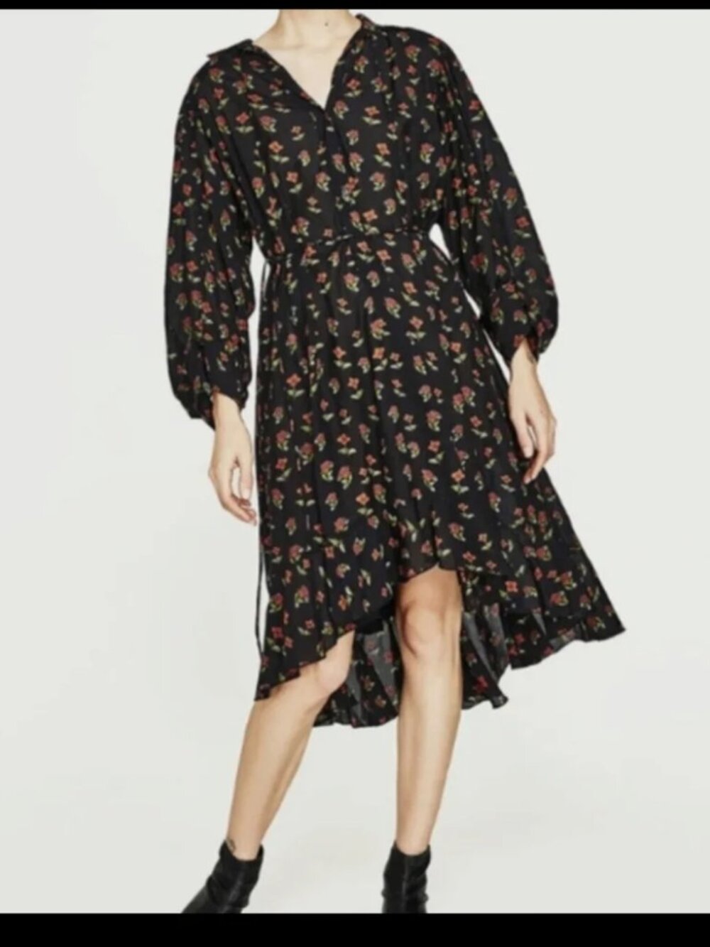Zara Black Orange Floral Loose Fitting Oversized Midi Dress Size XS